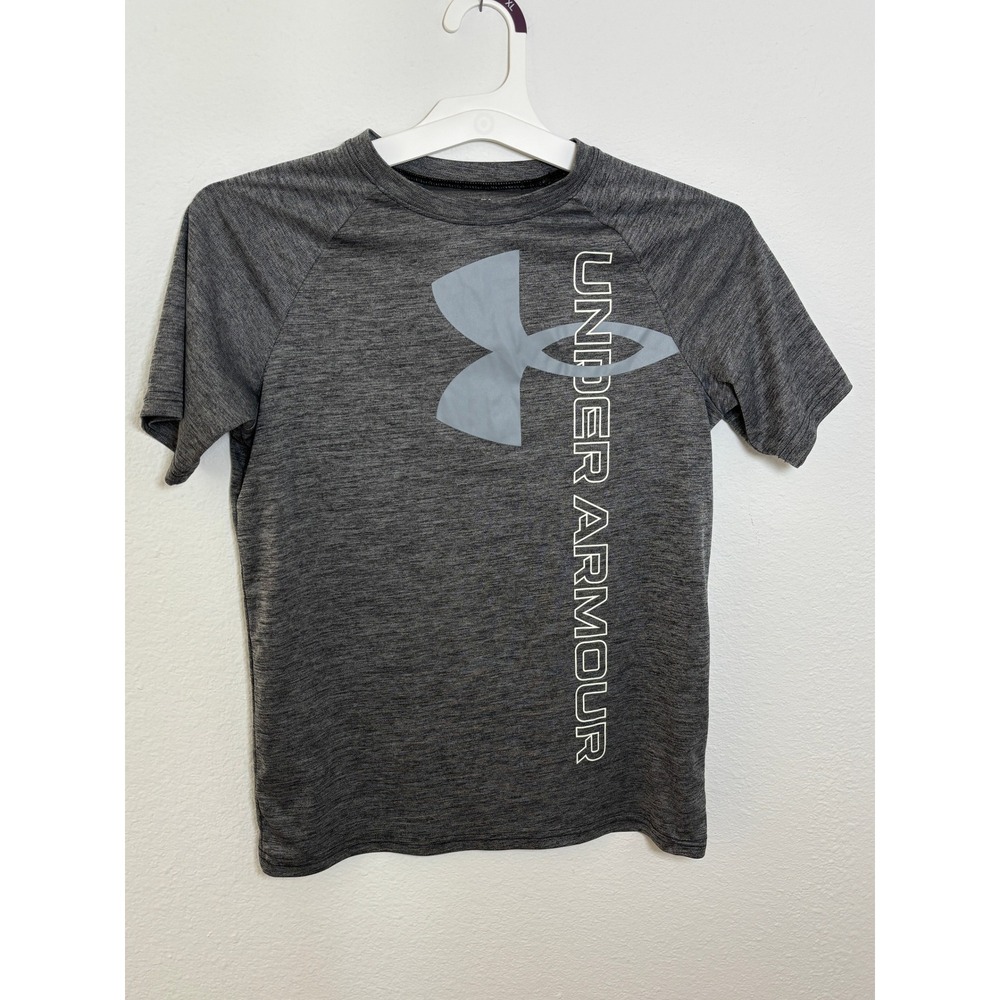 Under Armour Boys Gray Heather Tech Logo Graphic Short Sleeve T-Shirt Size Large